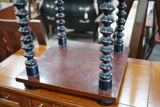 A Victorian style bobbin turned mahogany three tier whatnot, width 40cm, depth 39cm, height 86cm